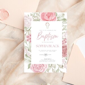 Christening Invitation, Baptism Invitation Template, Floral Baptism Invite Design, Printable Invitation, Editable Christening Invitation