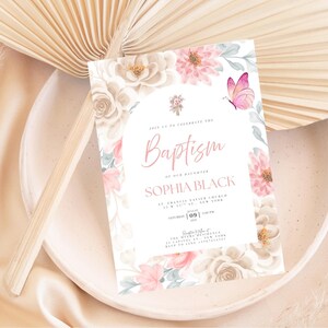 Christening Invitation, Baptism Invitation Template, Floral Baptism Invite Design, Printable Invitation, Editable Christening Invitation