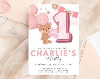 Invitación editable para el primer cumpleaños de un osito rosa, invitación para el primer cumpleaños de una niña osito de peluche, plantilla de Canva