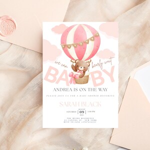 We Can Bearly Wait Baby Shower Invite Editable Pink Baby Bear Balloon Baby Shower Invitation Bear Theme Invites Girl Invite Instant Download