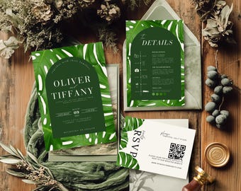 Tropical Wedding Invitation Emerald Green Editable Template, Greenery Flower Invitation Tropical Design Wedding Invite, Canva Template