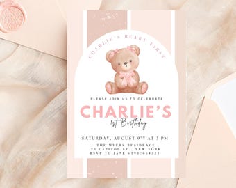 Invitación editable para el primer cumpleaños de un osito rosa, invitación para el primer cumpleaños de una niña osito de peluche, plantilla de Canva