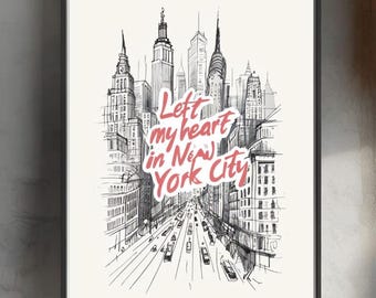 New York City Digital Print-I left my heart in NYC- Vintage poster print for dorm room or office-I love New York vibe-trendy poster
