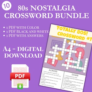 80s Nostalgia Crossword Bundle – 10 Printable Retro Puzzles for Adults – Fun Party Game, Digital PDF, Trivia Worksheet, 80s-Themed Activity
