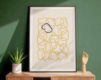 Lámina decorativa abstracta amarilla y azul para imprimir, póster moderno contemporáneo, impresión digital minimalista, decoración de pared grande.