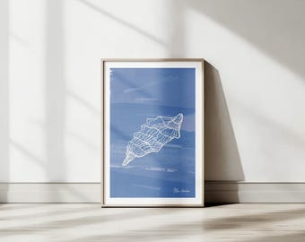 Sea Shell Wall Art Printable, Coastal Ocean Poster, Blue Beach Decor, Minimalist Shell Print, Digital Download