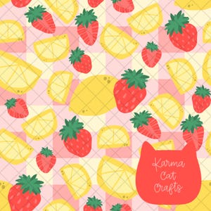 Strawberry Lemonade | Strawberry and Lemon Seamless Pattern | Fruit Digital Paper | Hand-Drawn 12x12 PNG (Digital Download)