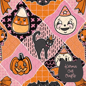 May include: A repeating pattern featuring Halloween icons including a candy corn, a smiling moon, a black cat, and a jack-o'-lantern set against diamond-shaped backgrounds of pink and orange. A dark grey cat-shaped logo reads Karma Cat Crafts.
