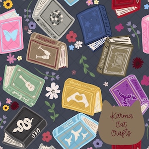 May include: A seamless pattern featuring various illustrated books on a dark gray background with small colorful flowers. The books display titles and icons including a butterfly, a disco ball, champagne glasses, a guitar, a heart gesture, a dragon, and a snake.