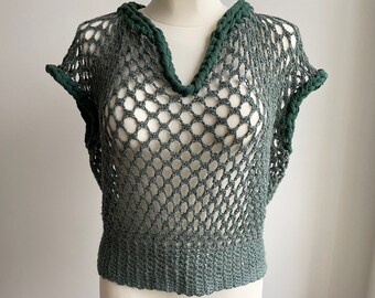Blusa de lino a crochet - Top bohemio verde transparente, ropa de playa de verano