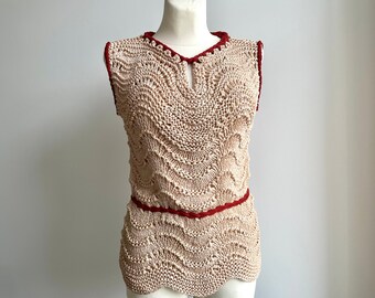 Tejido a mano Beige Cream Lace Silk Blouse Top - Sleeveless top - Ropa romántica de verano para mujer