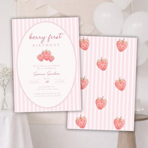 Invito per il primo compleanno a tema frutti di bosco / Invito per il primo compleanno a tema fragole / Festa di compleanno per bambina / Modificabile su Canva