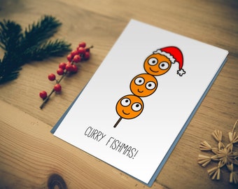 Curry Fishmas - Three Fishballs - Hong Kong Christmas Card. Hong Kong seasonal Greeting cards and Happy Holiday cards.