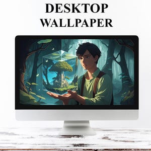 Desktop-Hintergrund | Fantasy-Zauberwürfel-Hintergrundbild – Junge mit Zauberschloss im mystischen Wald | Digitale Kunst im Anime-Stil