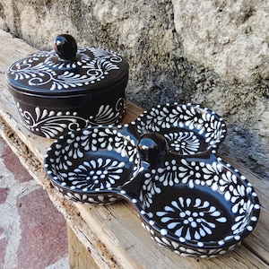 Hand-Painted Mexican Talavera Tortilla Holder and Salsa Dish Set | Black & White Artisan Pottery