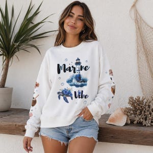 Marine Vibe Crewneck sweatshirt | Nautical Lighthouse Turtle Seahorse Design