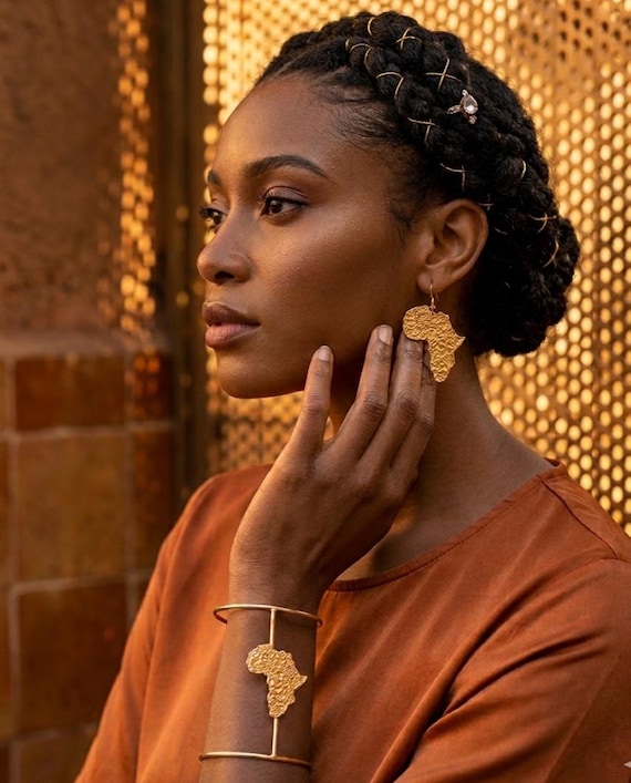 Africa Map Brass Bracelet and Drop Earrings Set | Bold Elegant Jewelry