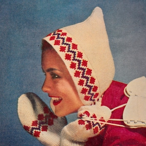 Vintage Knit Women's Hood & Mitten Set Pattern Fair Isle