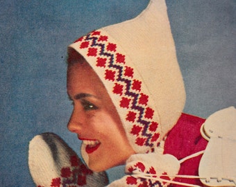 Vintage Knit Women's Hood & Mitten Set Pattern Fair Isle