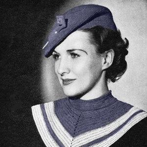 May include: A woman wearing a blue crocheted hat and a blue and white crocheted collar.