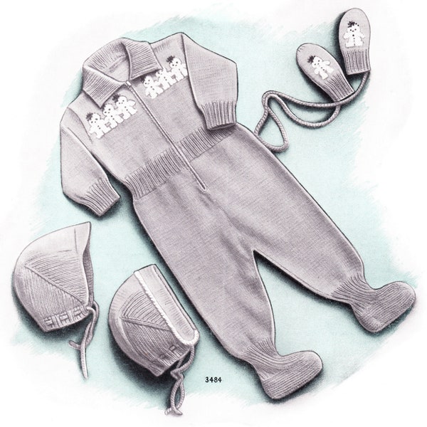 Baby Romper/Snowsuit, Cap, Bonnet, Mittens Vintage Knit Pattern 6 months  - 1 year 1950's Unisex