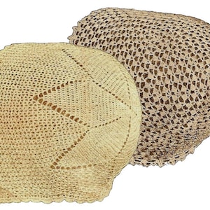 May include: Two crocheted hats, one beige and one brown, with intricate patterns. The hats are made of a delicate, openwork stitch.