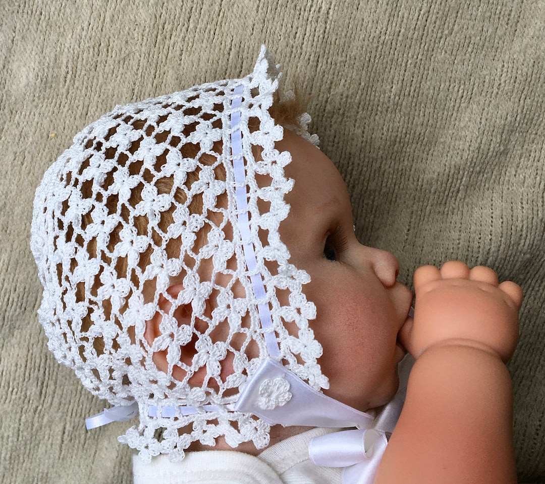 Hand Crochet Baby Bonnet in White main image 1