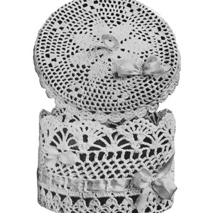 May include: A white crocheted box with a lid, decorated with white ribbon bows. The box is made with a delicate, lacy pattern.