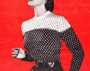 Vintage Knit Women's Sweater Pattern 1950's Ski Sweater Nordic Fair Isle Knitting Worsted