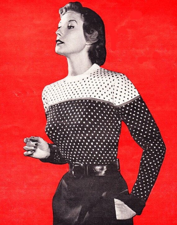 Vintage Knit Women's Sweater Pattern 1950's Ski Sweater Nordic