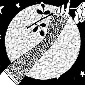 Puede incluir: Una ilustración en blanco y negro de una mano que alcanza para sostener una sola rosa blanca. La mano lleva un guante de red negro. El fondo es un cielo negro con estrellas blancas y una gran luna blanca.