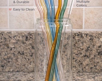 Reusable Glass Straw | Wavy Colored Glass Straw | Eco-Friendly Drinkware | Aesthetic Kitchen Accessories