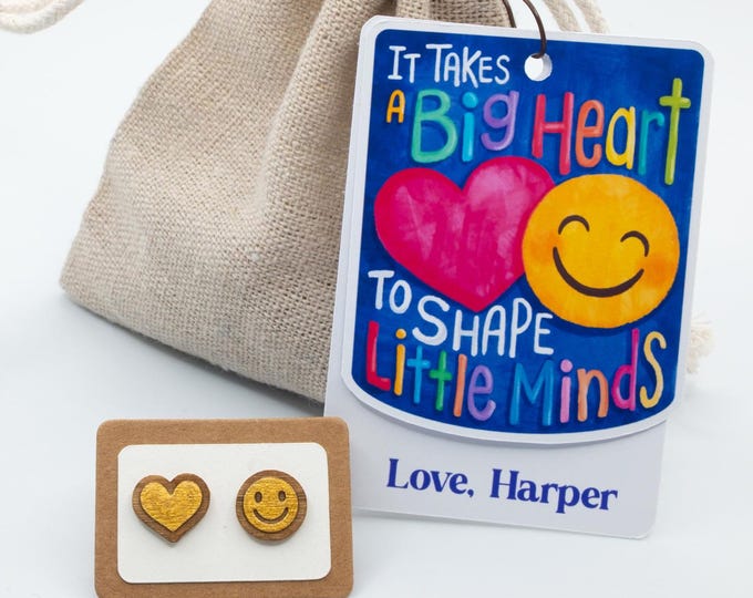 Personalized Teacher Earrings | Hand-Painted Wooden Heart & Smile