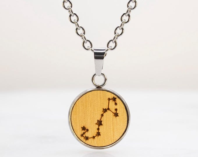Zodiac Constellation Necklace, Laser Engraved Wood Pendant