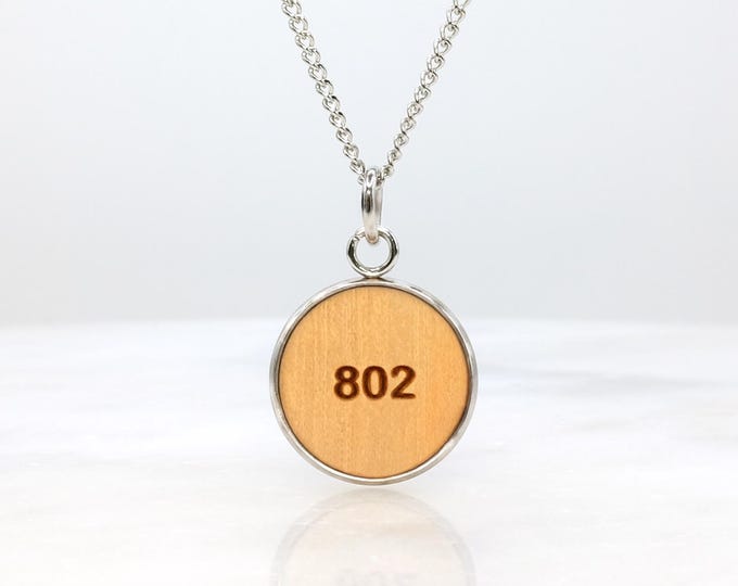 Engraved Wooden Pendant Necklace “802” Vermont Minimalist Pendant