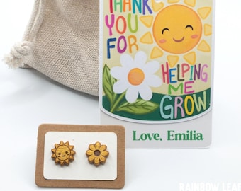 Teacher Gift | Hand-Painted Wooden Sun & Flower Earrings with Custom Card