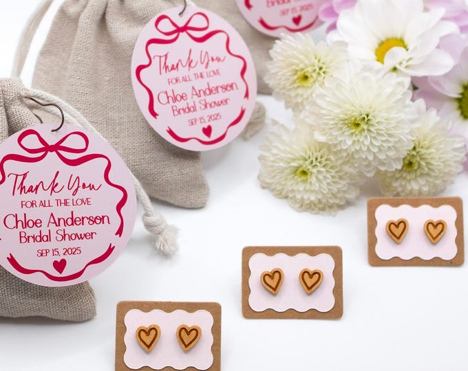 Wooden Heart Stud Earrings: Bridal Shower Favors with Custom Tag