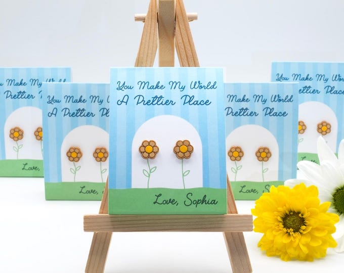 Flower Stud Earrings Party Favors: Personalized Card, Wooden Dainty Blooms