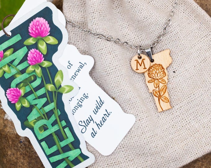 Vermont Wooden Pendant Necklace with Engraved Red Clover Accent