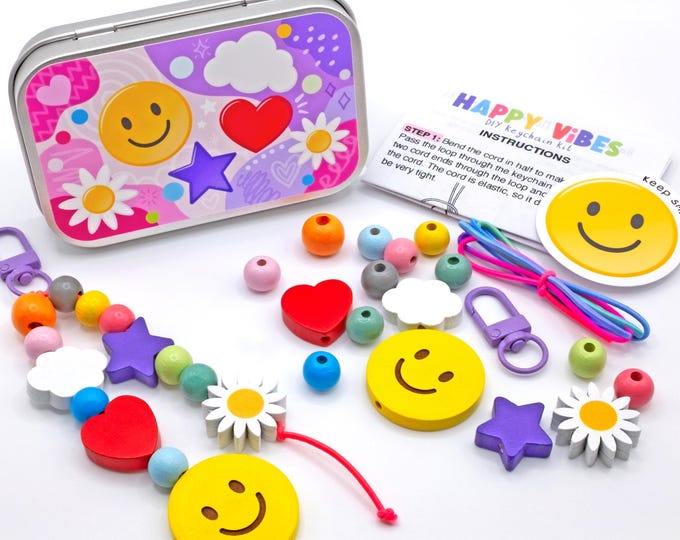 Happy Face DIY Keychain and Bag Charm Kit: Wooden Bead Party Favor