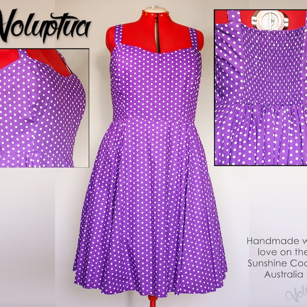 Plus Size Purple & White Polkadot Rockabilly Cotton Dresses | Pin Up Shirred / Stretch Back Swing Dress | Plus size 22 - 26