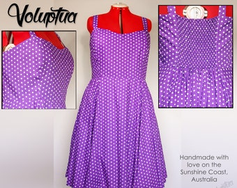 Plus Size Purple & White Polkadot Rockabilly Cotton Dresses | Pin Up Shirred / Stretch Back Swing Dress | Plus size 22 - 26