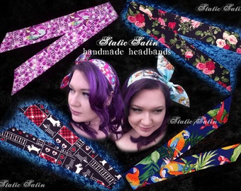 Pink Red Roses Sleeping Foxes Scottie Dogs Tropical Parrots Navy Quirky Tie Up Headband Hair Hat Band Cotton Polkadot Rockabilly Adult Size