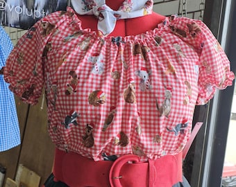 Christmas Peasant Top – Plus Size 12–28 | Aussie Animals Print | Retro Cotton Blouse | Handmade in Australia | Ready to Ship or Custom Made