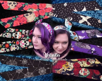 Halloween Headbands | Nightmare Before Christmas Sugar Skulls Day of Dead Roses Tattoo Spiderweb Spider Halloween | Tie Up Hair Accessories