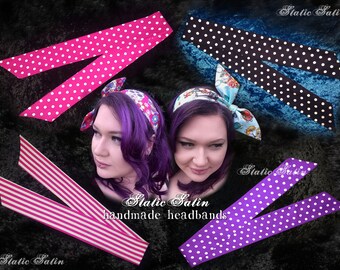 Pink Purple Black and White Polka dot Candy Stripe Tie Up Headband Hair Hat Band Accessory 100% Cotton Polkadot Adult Size