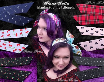 Rockabilly Red Tartan Navy Sailor Anchor White Polka dot Cherry Black Bow Pastel Pink Plaid Tie Up Headband Hair Band Accessory Adult Size