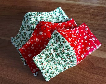 Christmas Masks - Holly Snowflake | 3 layer Cotton | kids - Adults | Pocket & Nose Wire | Washable Reusable | Made to order in Melbourne