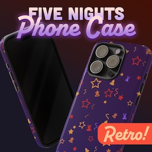 May include: A purple phone case featuring a pattern of stars and confetti. The case has the words "FIVE NIGHTS Phone Case" in a gradient font. The word "Retro!" is also visible.