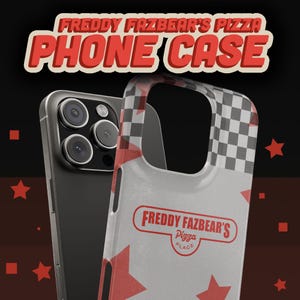 May include: A white phone case with a checkered pattern and red stars. The case has a red logo that says "Freddy Fazbear's Pizza Place".